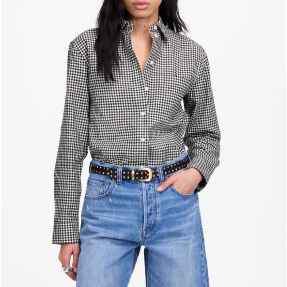 Madewell Relaxed Curved-Hem Button-Up Shirt Size XS Black White Gingham